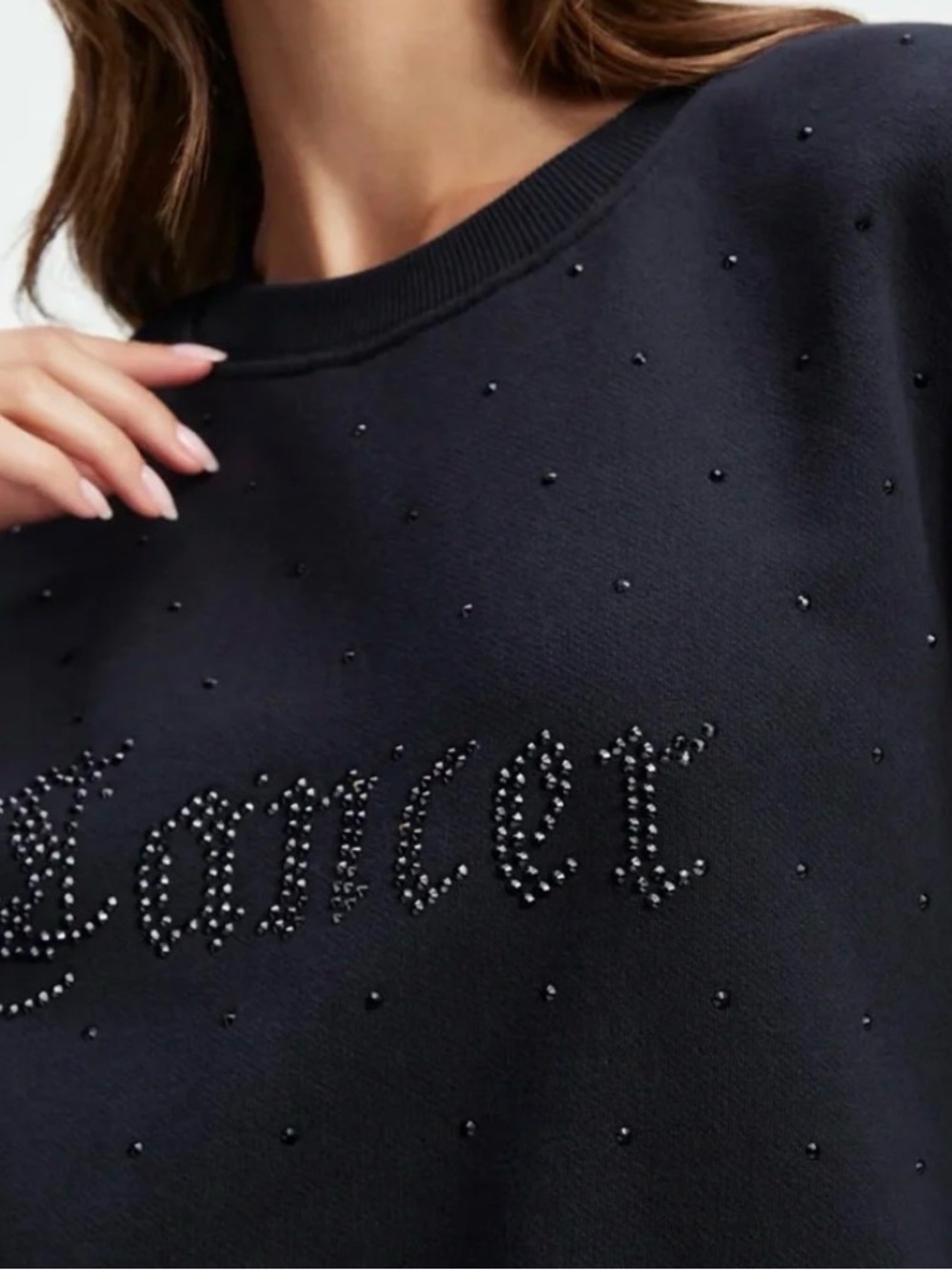 Good American Black Crewneck Sweater with Beaded Script